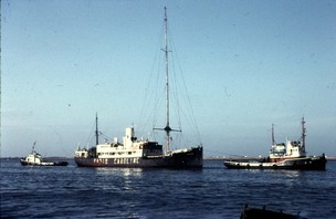 MV Caroline being towed into Amsterdam